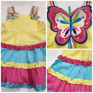 Girls Colorful Yellow Pink Blue Rainbow Butterfly Embroidery Seersucker Dress 2t